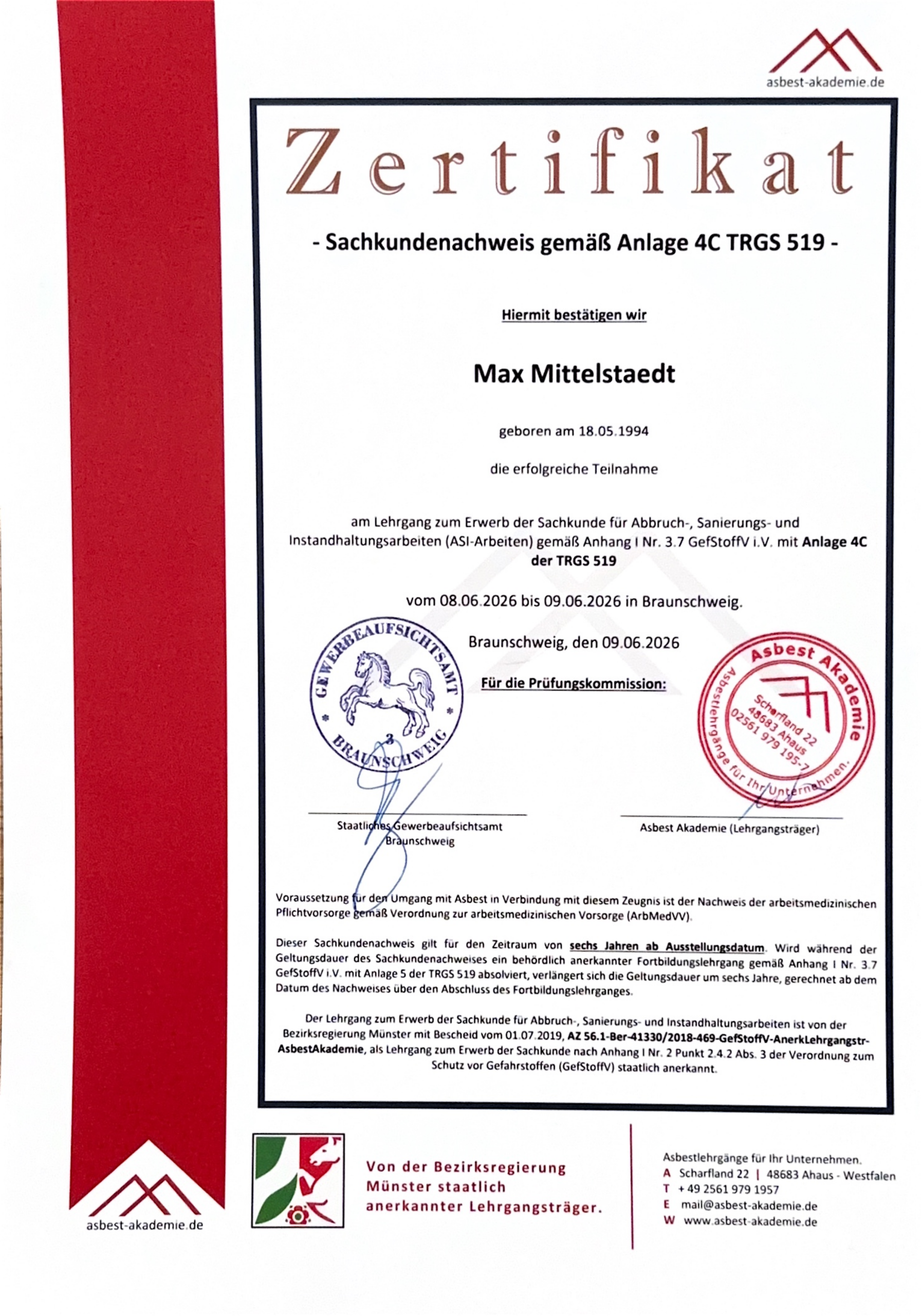 Asbest-Sachkunde TRGS 519 ASI-Arbeiten staatlich anerkannt