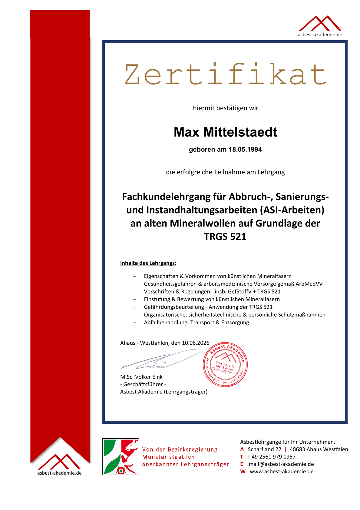 KMF-Sachkunde TRGS 521 künstliche Mineralfasern