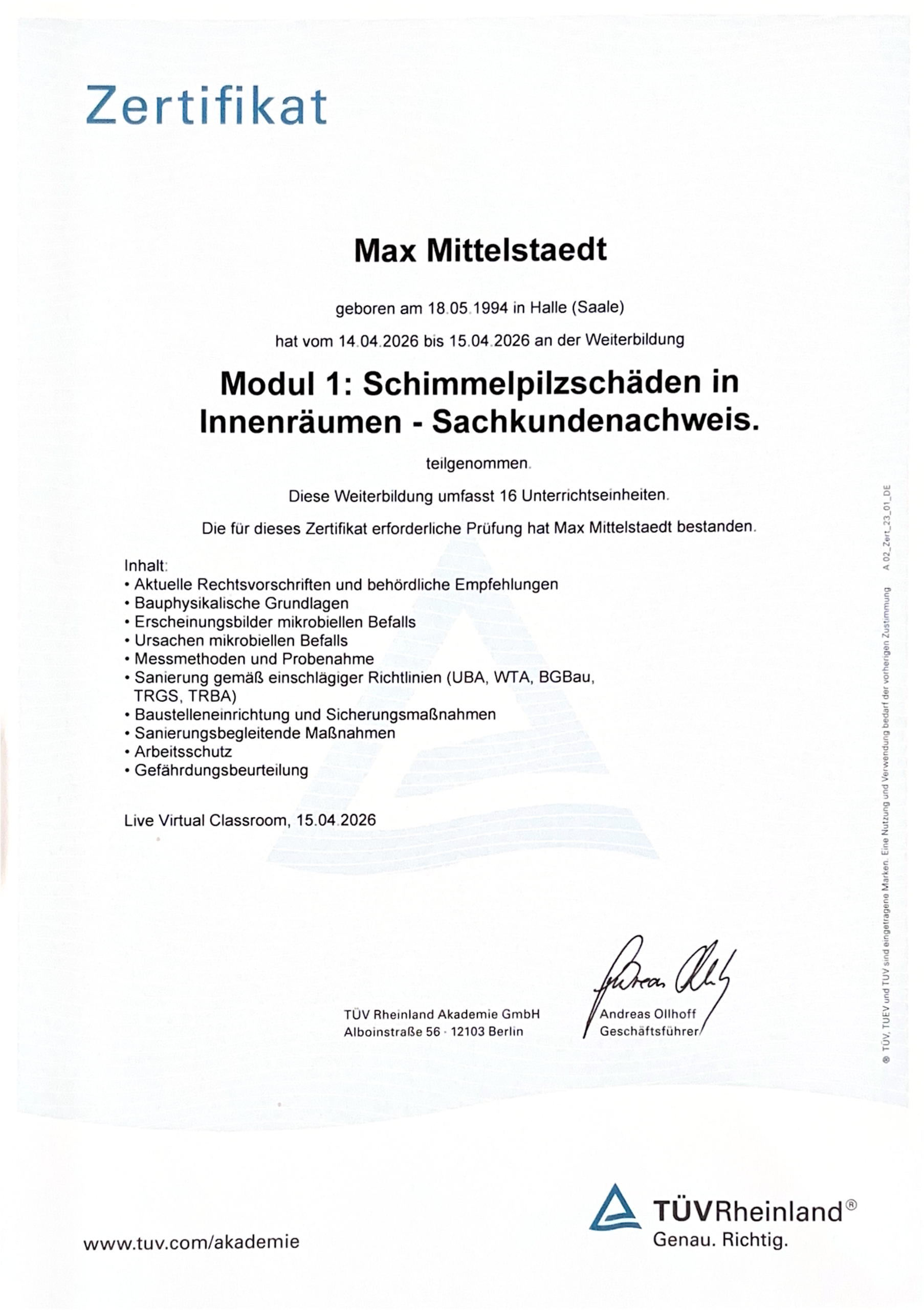 TÜV Rheinland Schimmel-Sachkunde Innenräume
