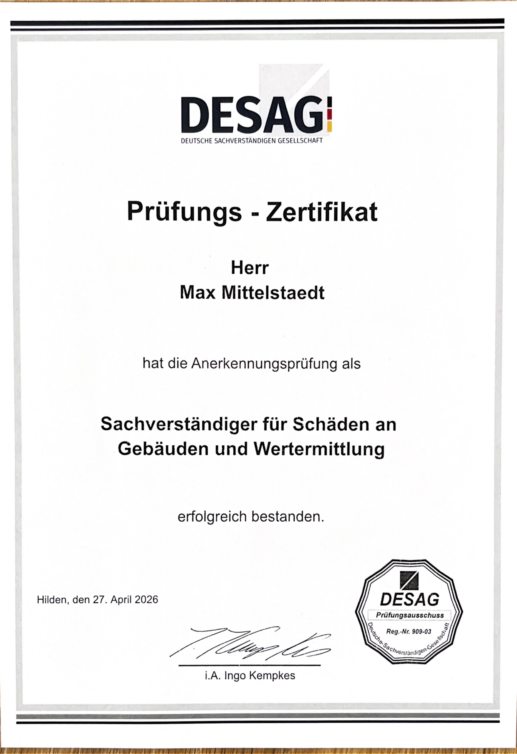DESAG Prüfungs-Zertifikat Sachverständiger Schäden an Gebäuden